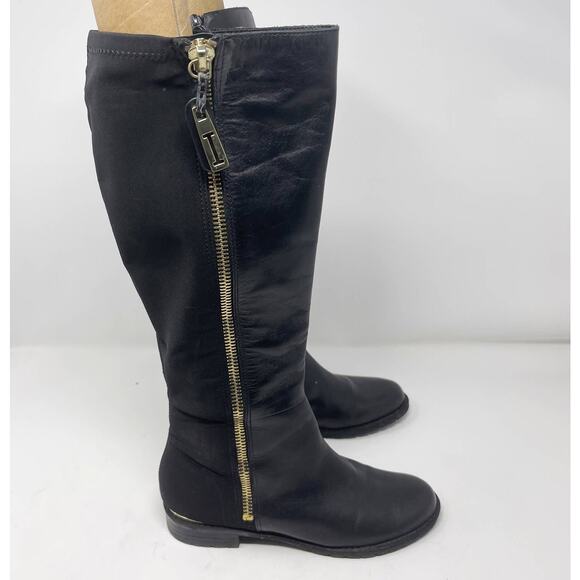 Issac Mizrahi Womens 6 Black Arno Leather Tall Boots Gold Exposed Zipper Flat - Picture 1 of 13